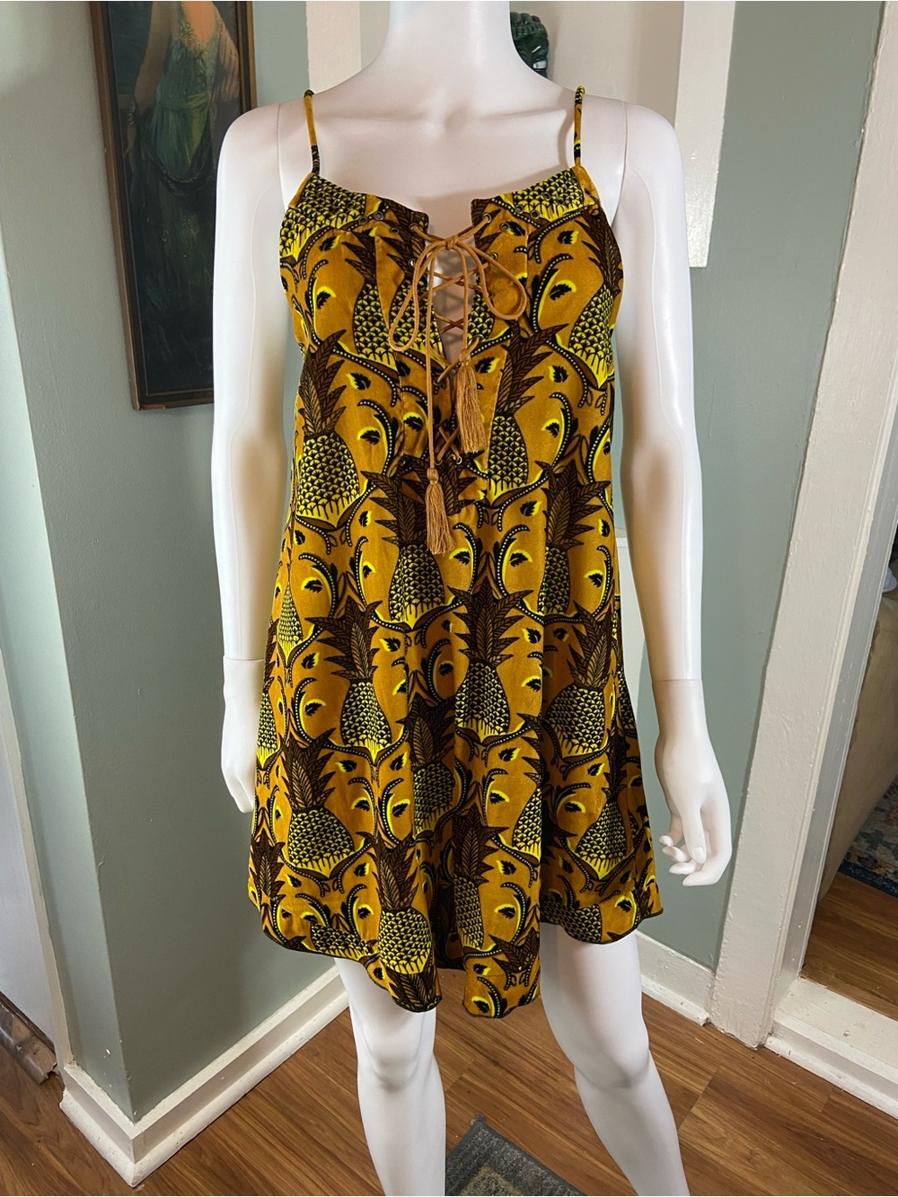 FARM Rio Yellow Owl Velvet Lace-Up Corset Mini Sundress Small S Trapeze Tent